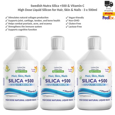 Swedish Nutra Silica +500 High Dose Liquid Silicon for Hair, Skin & Nails x3