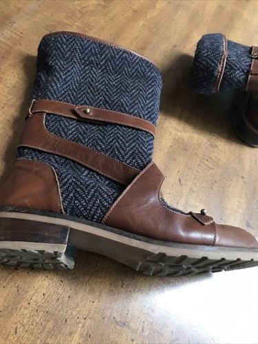 schuler and sons 6B Women’s Boots Brown Leather & Blue Fabric InSide Zip * See - Picture 16 of 16