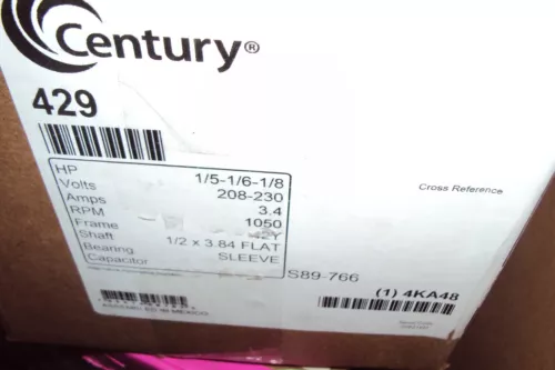 CENTURY 429 MOTOR , 1/5-1/6-1/8 HP , 208-230V,1050 RPM ,42Y ,FR , HVAC/R , 1 PH 