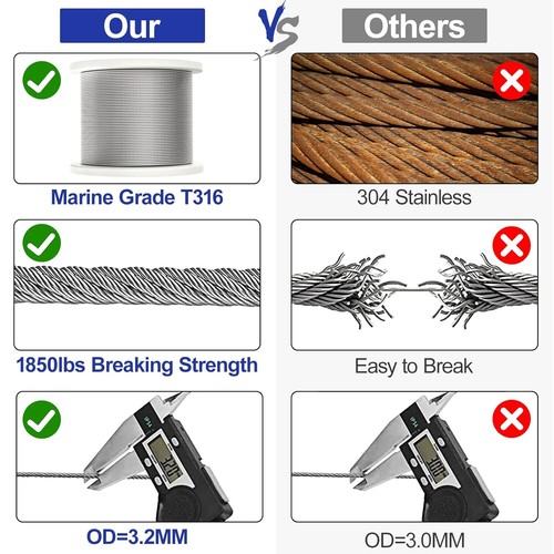 T316 Stainless Steel 1/8" Deck Railing Cable 7x7 Wire Rope for DIY Balustrades - Picture 5 of 20
