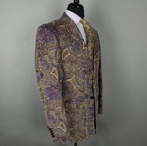 Alan Flusser Blazer Sport Coat Mens XL Tan Purple Paisley Corduroy Jacket - Picture 3 of 13