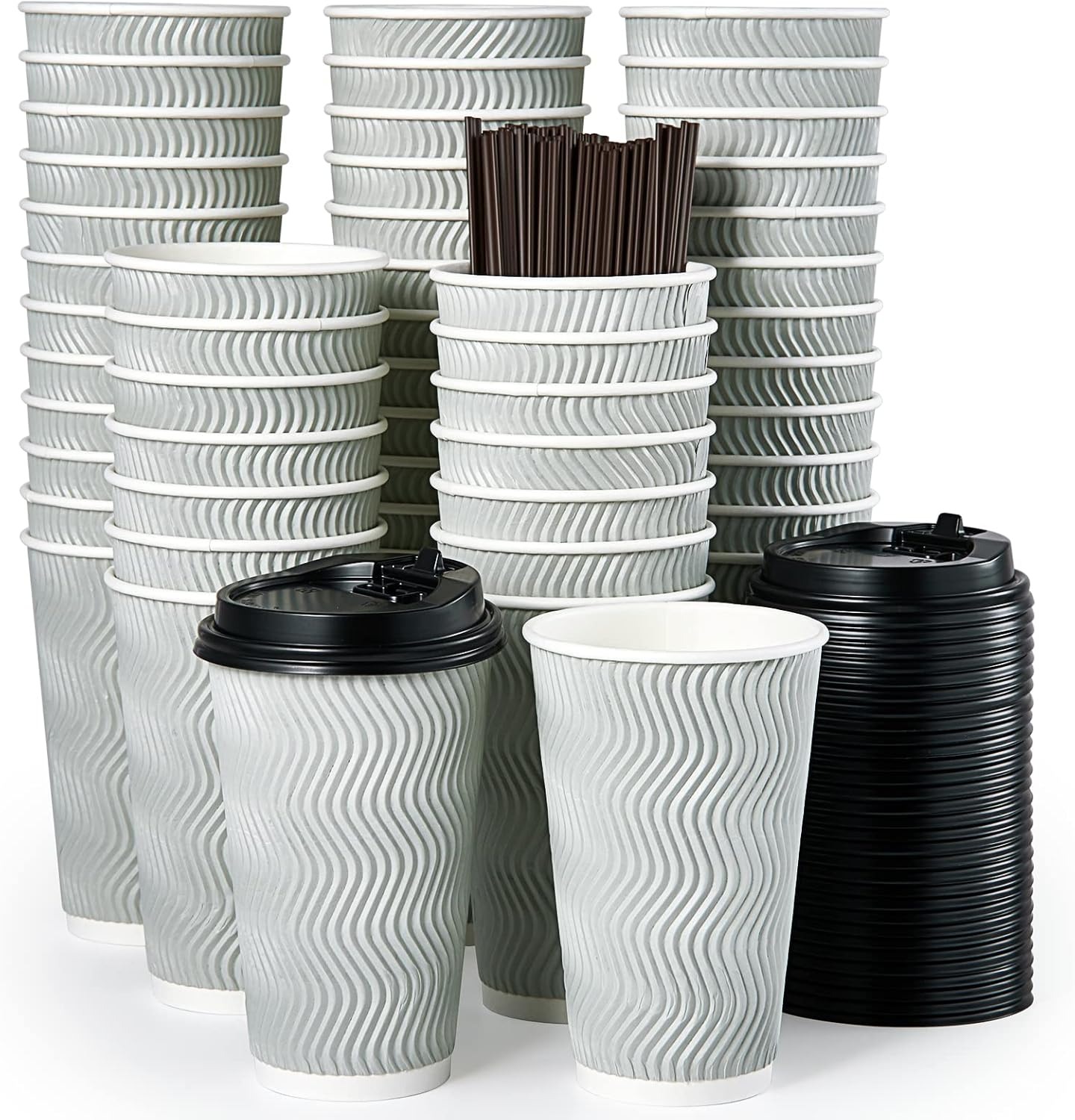 16 Oz Disposable Coffee Cups, 80 Count 16 Oz Paper Coffee Cups with Lids & Straw