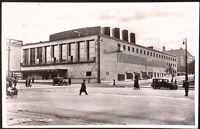GOTEBORG Concert Hall SWEDEN RPPC 1937 Old Cars People Walking on Street