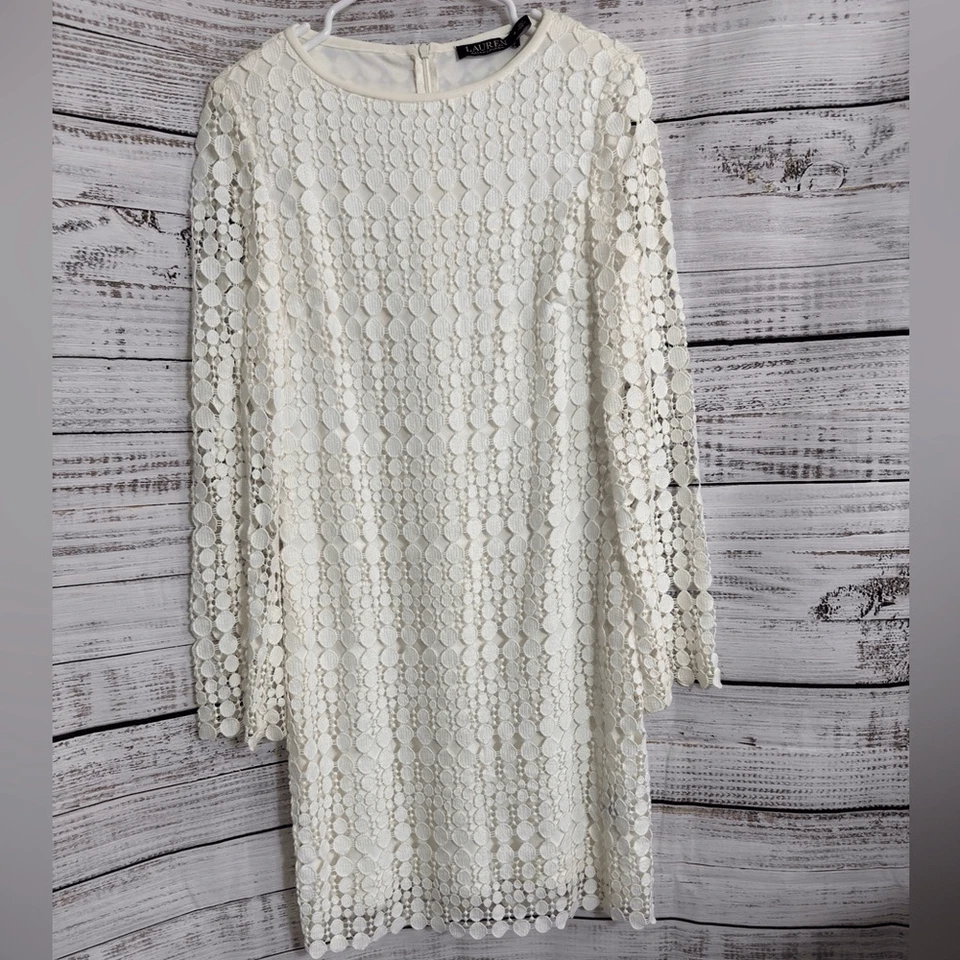 Lauren Ralph Lauren 连衣裙女式 8 码靠垫切花边白色几何护套 — 第 3/4 张图片