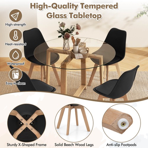 5 PCS Dining Table Set for 4 w/ Solid Wood Legs Tempered Glass Tabletop Modern - Picture 7 of 7