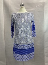3/4 Sleeve Blue & White Floral Stretch Tunic/Dress Size 10 Boho Hippy Style