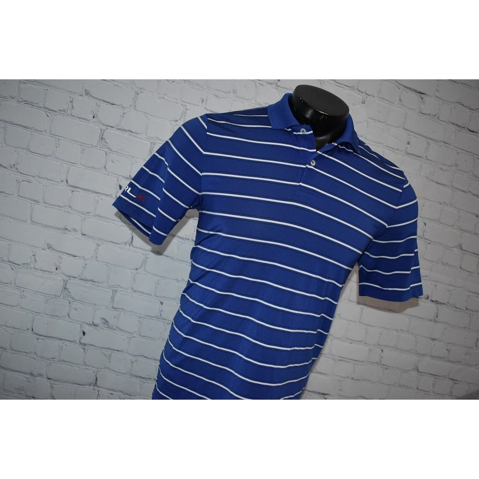 Camisa polo de golf RLX Ralph Lauren para hombre talla pequeña rendimiento azul a rayas Foto 3 de 4