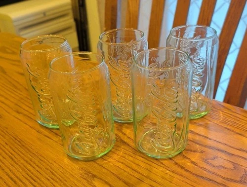 5-LOT Vintage Coca-Cola Coke Can Shape Soda Green Tinted Glass Embossed Cups