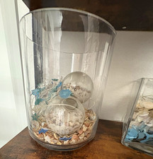 Clear Glass Cylinder Table Vase Beach Decor w/ Seashells Blue Accents  Balls