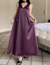 Silver Shiny Satin LONG Maxi NIGHTGOWN Full Slip Camisole GOWN Scarf Dress L NEW