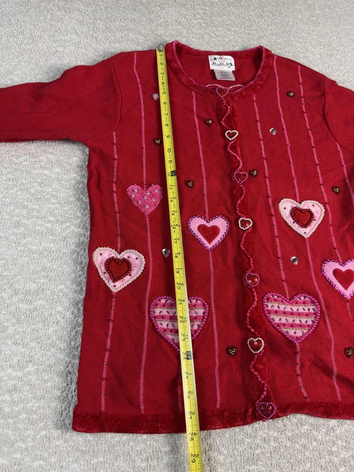 Quacker Factory Sweater Womens Medium Red Valentine Heart Cardigan Beaded Top - Image 3 of 4