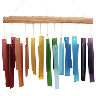 Blue Handworks Color Spectrum Glass and Driftwood Chime - Sandblasted Glass a...