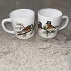 Set 2 Vintage Arcopal France Milk Glass Coffee Mug Cup Chickadee Birds R Carman