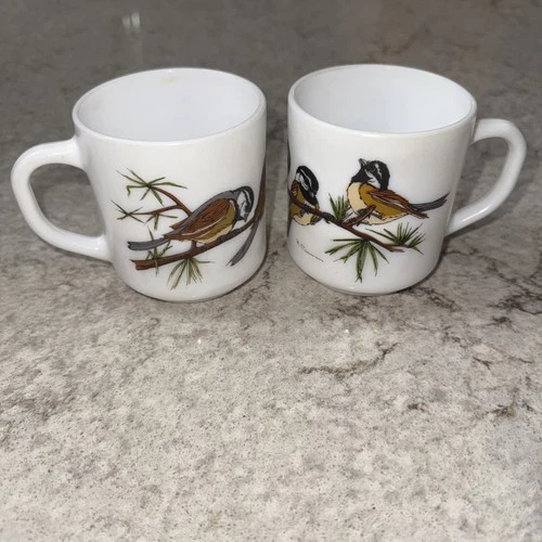 Set 2 Vintage Arcopal France Milk Glass Coffee Mug Cup Chickadee Birds R Carman
