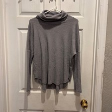 Everly Gray Waffle Thermal Knit Cowl Neck Long Sleeve Top Large Boho Made in USA