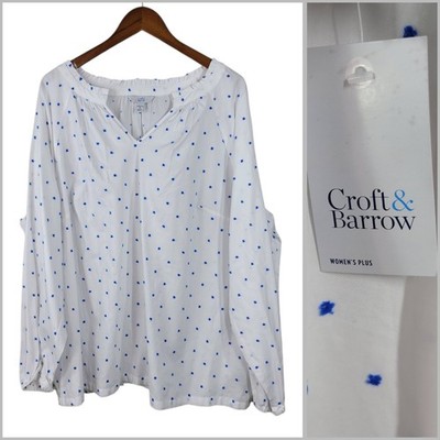 NEW Croft Barrow Top 3X Romantic Swiss Dot White Blue Peasant Boho Professional 
