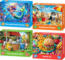 4 Packs 100 Piece Puzzles for Kids Ages 4-6 6-8 8-10, Mermaid Dogs Cats Hamburge