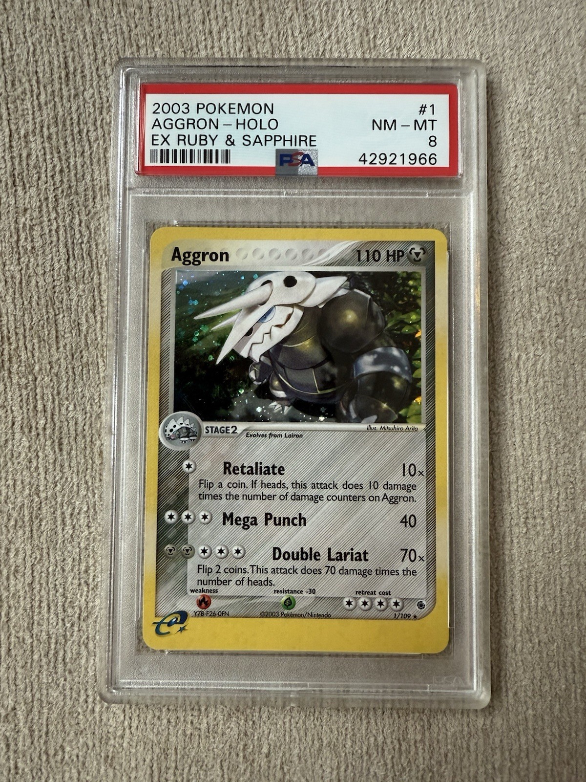 Pokémon 2003 Aggron Holo Rare 7/109 EX Ruby & Sapphire PSA 8
