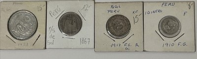 Perú 1/2 Sol 1927, 1/5 De Sol 1867, 1/5 Sol 1912, 1 Dinero 1910 Lot (4) Coins