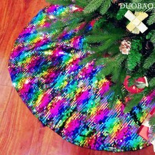 Christmas Tree Skirt 48 Inch Rainbow to Silver Reversible Skirts Flip Up Sequ...