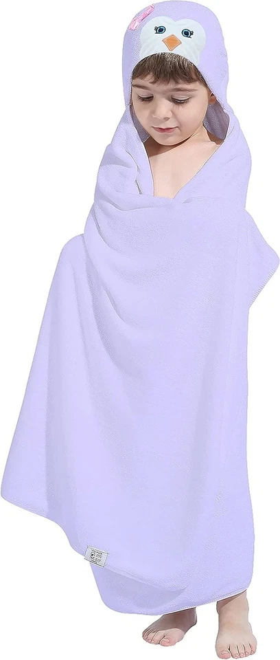 Extra Thick and Absorbent Kids Bath Towel - Hooded Design, 30x50 Purple Penguin - Image 3 of 4
