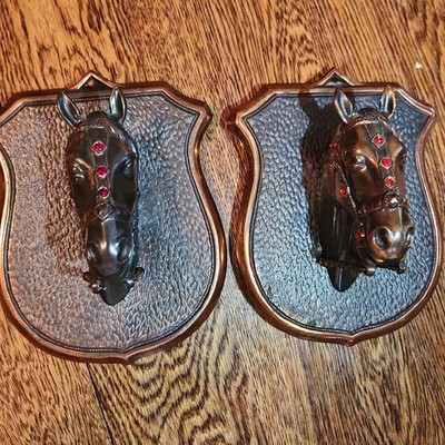 Vintage Ornate Cast Metal Horse Head Wall Plaque Pair Shield Back Red Gemstones