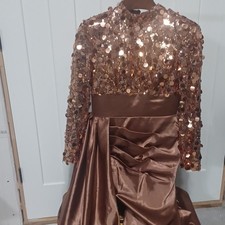 Bronze Sequin Satin Formal Gown Long Sleeve Women's Evening Dress Size 8