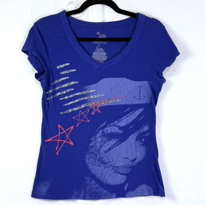 VTG Miley Cyrus Max Azria T-Shirt Womens Sz XL Blue Metallic V-Neck Y2K Baby Tee