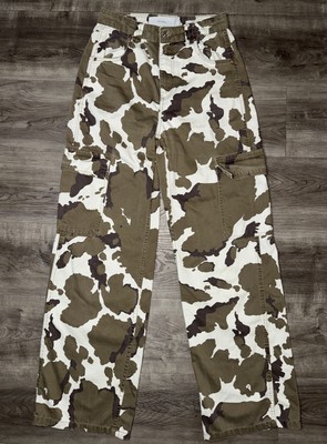 Bershka White And Brown Camo Cow Print Jeans Size 4 Straight Cargo Pants