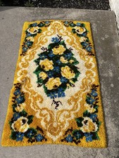 Vintage 70  s Latch Hook Yarn Fiber Wall Art Rug - 58  x36  yellow Flowers Design