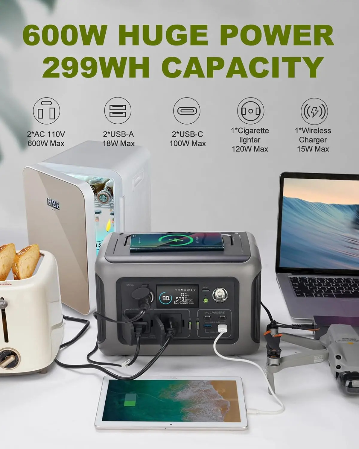 Station électrique R600 600W avec batterie LiFePO4 longue durée de 299Wh