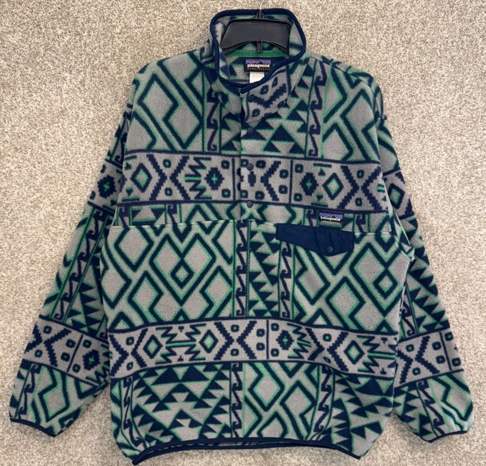Patagonia Men's Medium Synchilla Snap-T Blue Aztec Fleece Pullover Jacket 25450  