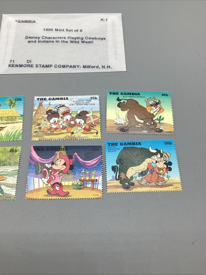 JUEGO DE 6 ESTAMPILLAS DE VAQUEROS E INDIOS DE GAMBIA DISNEY 1995 MNH GOOFY MICKEY MINNIE Foto 3 de 4