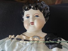 Antique German China Head Doll with Molded Hair Ribbon and Bow 21  