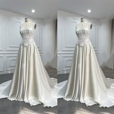 Elegant Satin Wedding Dress Strapless Embroidery Sweep Train A Line Bridal Gown