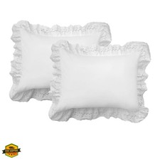 Ruffled Bed Pillow Shams with Embroidered Eyelet Detail, Standard, White, 2-Pack