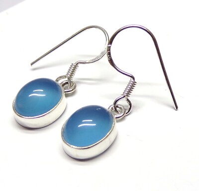 Handgefertigte 925 Sterling Silber blaue Chalzedon Ohrhänger + Geschenktüte 30 x 8 mm
