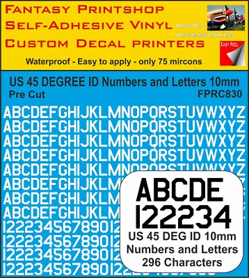 RC Vinyl Aufkleber US 45 GRAD BUCHSTABEN ZAHLEN 10 mm VORSCHNITT FPRC830 WEISS MATT