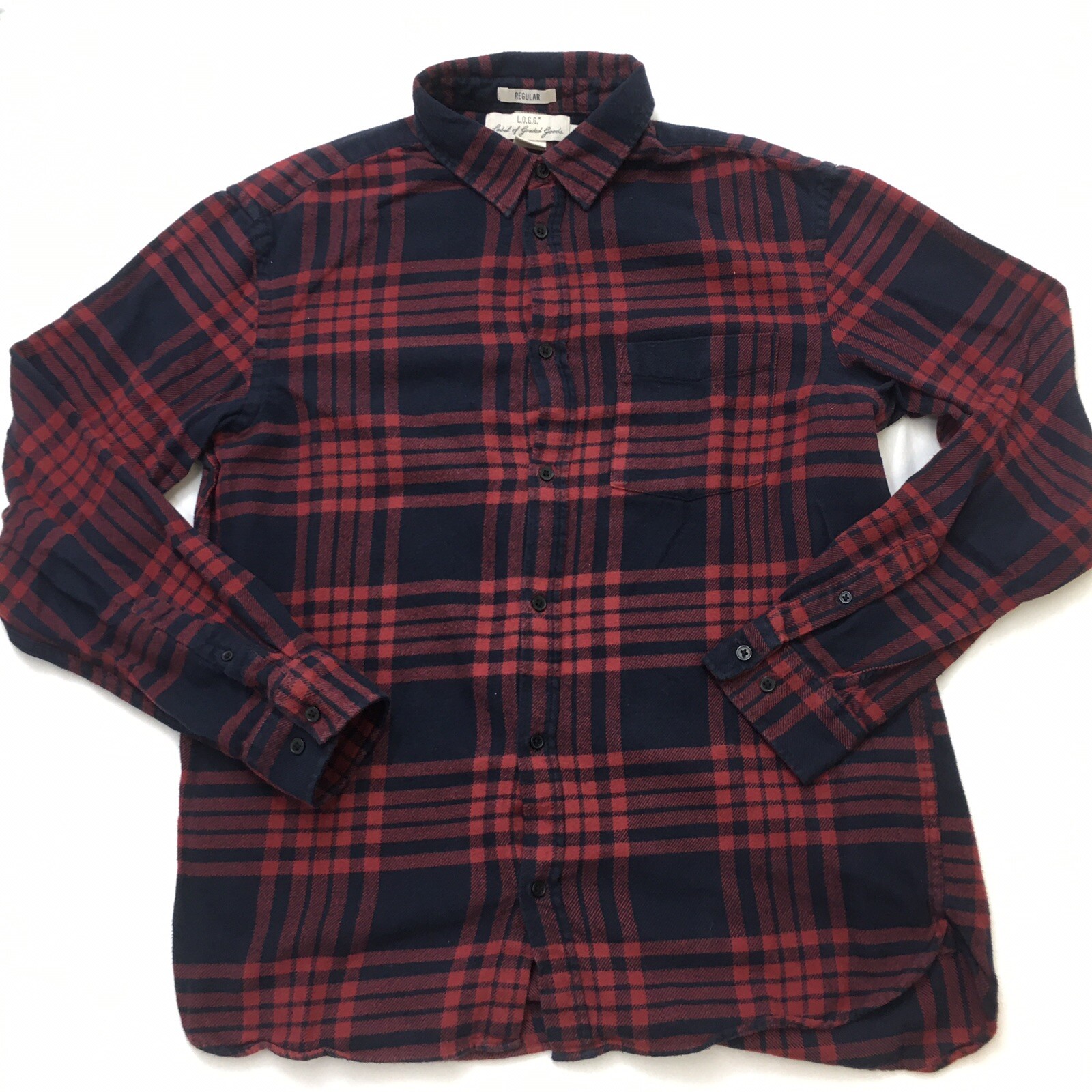 H&M LOGG FLANNEL Shirt Men L Red Navy Blue Plaid Grunge Lumberjack gorp Outdoor