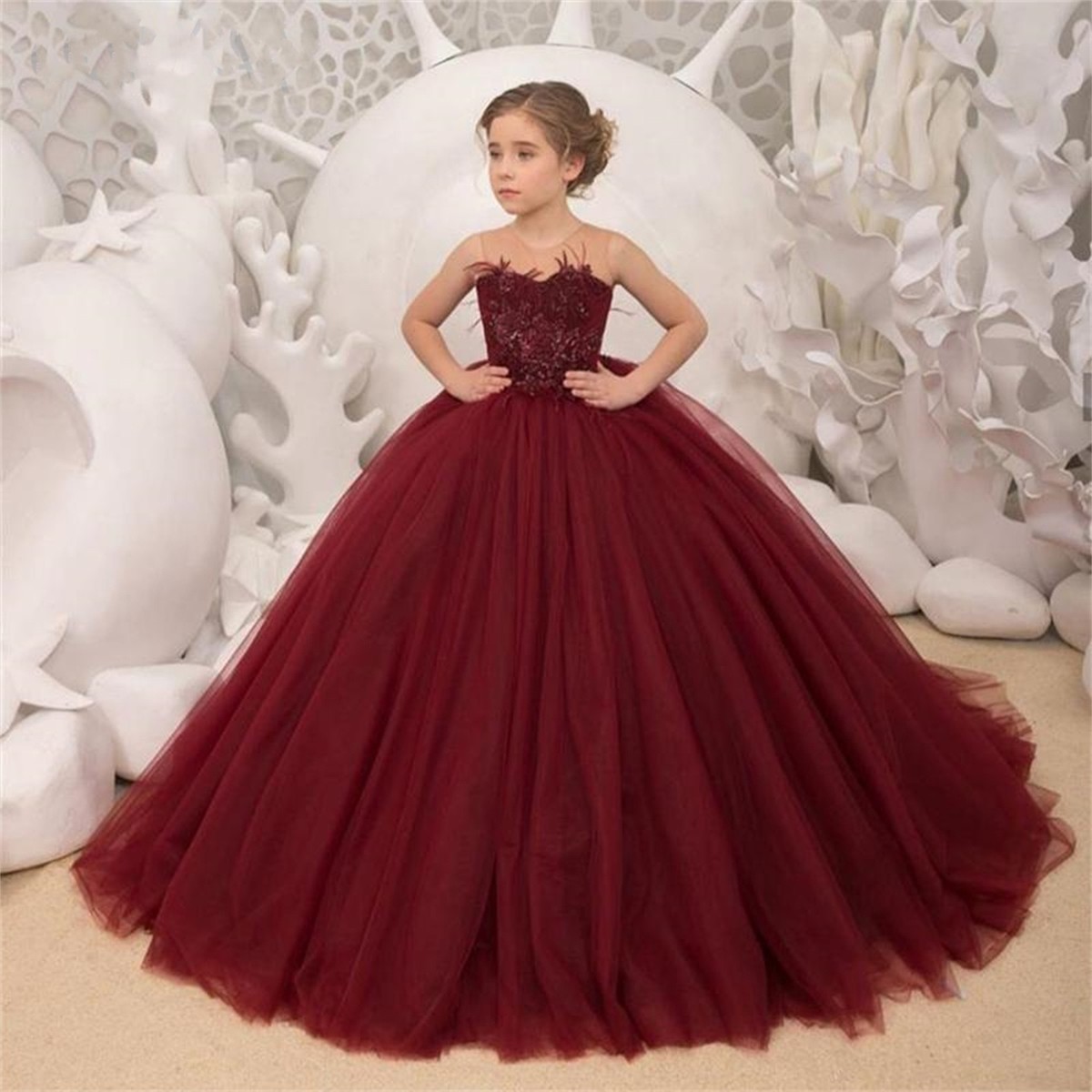 girls dress burgundy Girls Embroidered Tulle Dress for Pageants or Holiday Photos main image 1