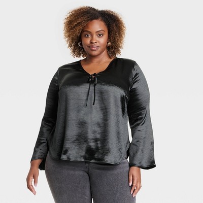 Ava & Viv Satin Blouse Womens Plus Size 3X Long Sleeves Tie-Neck Black