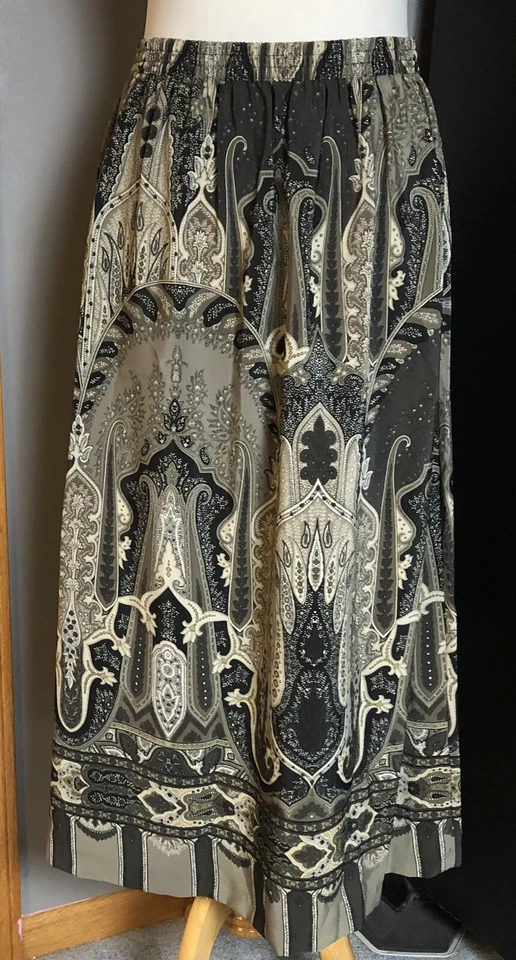 Falda De Colección Cricket Lane Plisada Paisley Talla 10 Beige Gris Pull On Country Boho Foto 3 de 4