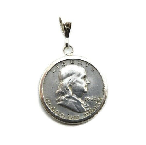 Moneta mezzo dollaro Franklin anni '40-60 su lunetta charm argento sterling .925 - Foto 1 di 3