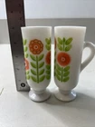 Vintage AVON MILK GLASS DEMITASSE Pedestal Cups Floral Design 5" set of 2 Orange
