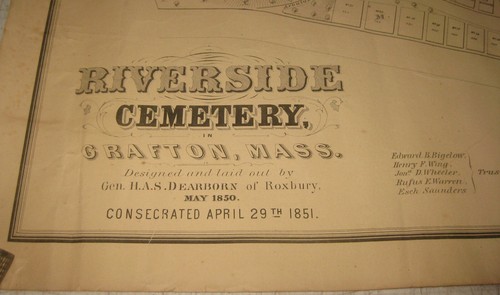 RARE Antique 1861 RIVERSIDE CEMETERY Grafton Massachusetts Meisel Lithograph MAP - Picture 3 of 10