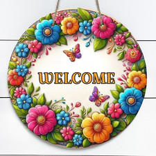 Spring Flowers Welcome 10" Metal Round Door Sign Yellow