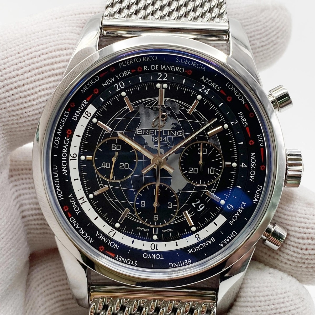 Breitling Transocean Steel Chronograph Unitime Black Dial Watch