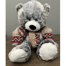 Hugfun International Gray and White Teddy Bear Plush w/ Winter Scarf