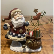 Vtge. Santa Claus w/Sack, Metal Christmas Tree and Red Cardinal Over Snow Base.