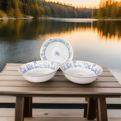 3 Vtg  Arcopal Glenwood Pattern. Bowls White/Blue Floral Cereal,Soup